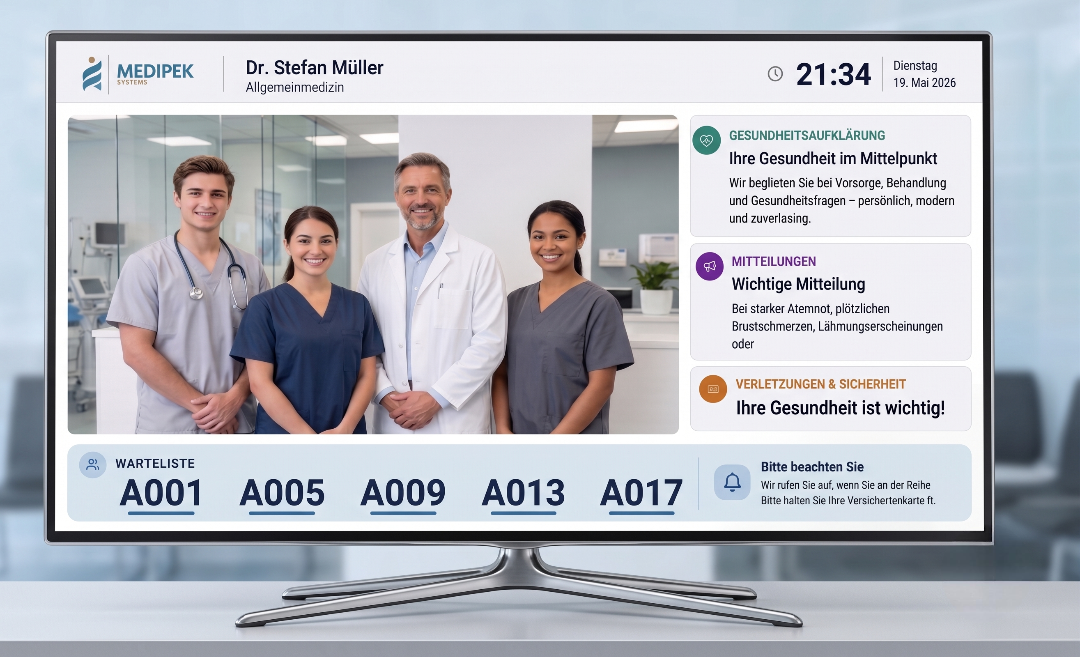 Smart TV im Wartezimmer mit Live-Aufruf